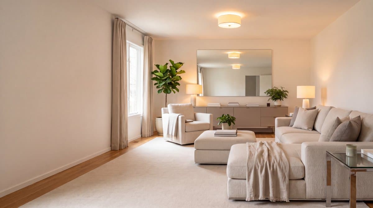 A bright living room with a cream sectional, an armchair, a large mirror and a fiddle-leaf fig