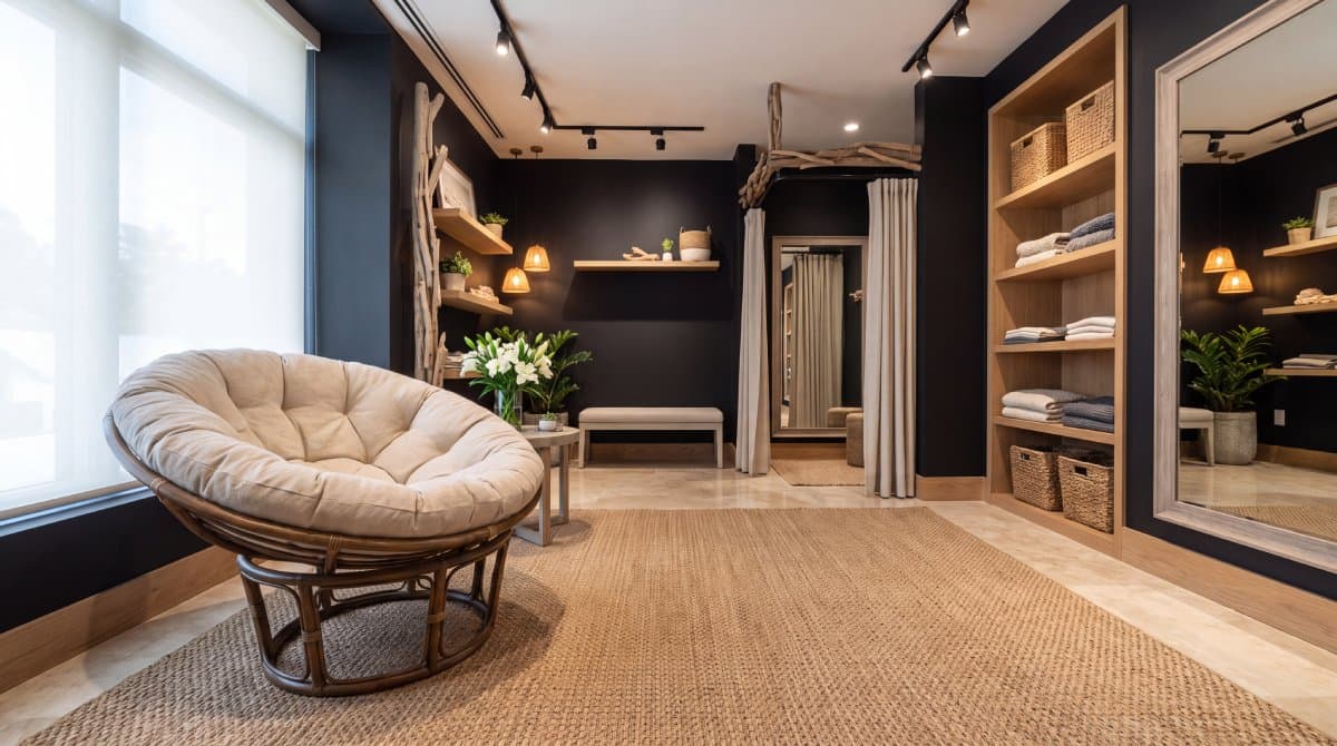 A boutique with navy walls, a rattan papasan chair, a jute rug, open shelving and a fitting room