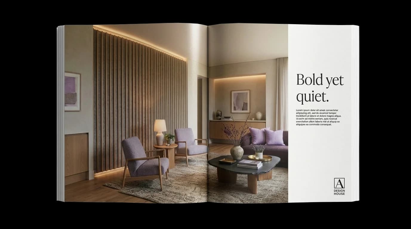A printed design magazine spread reading "Bold yet quiet." featuring the styled room