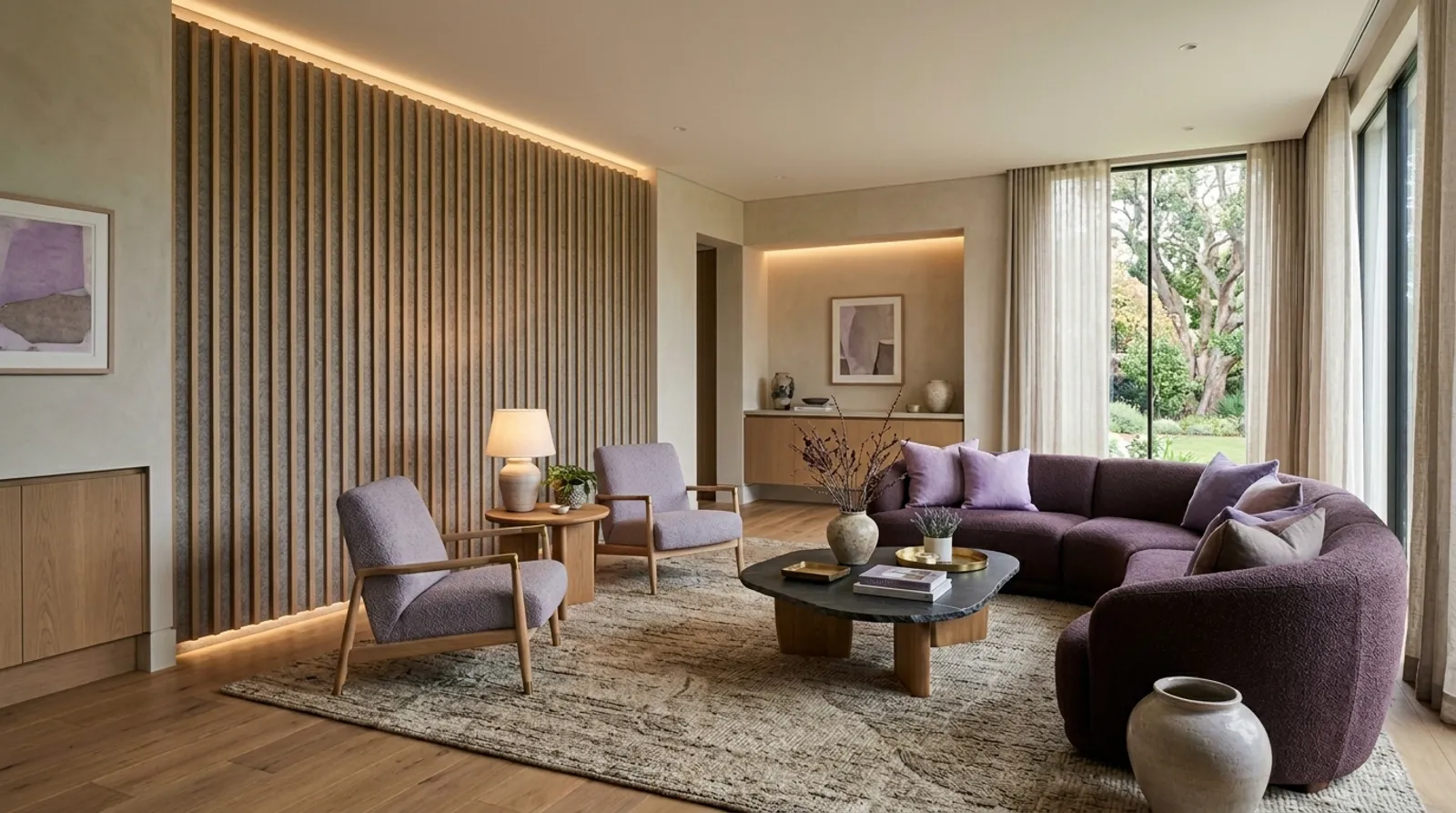 The same room fully styled with plum seating, timber slat wall, and a layered rug.